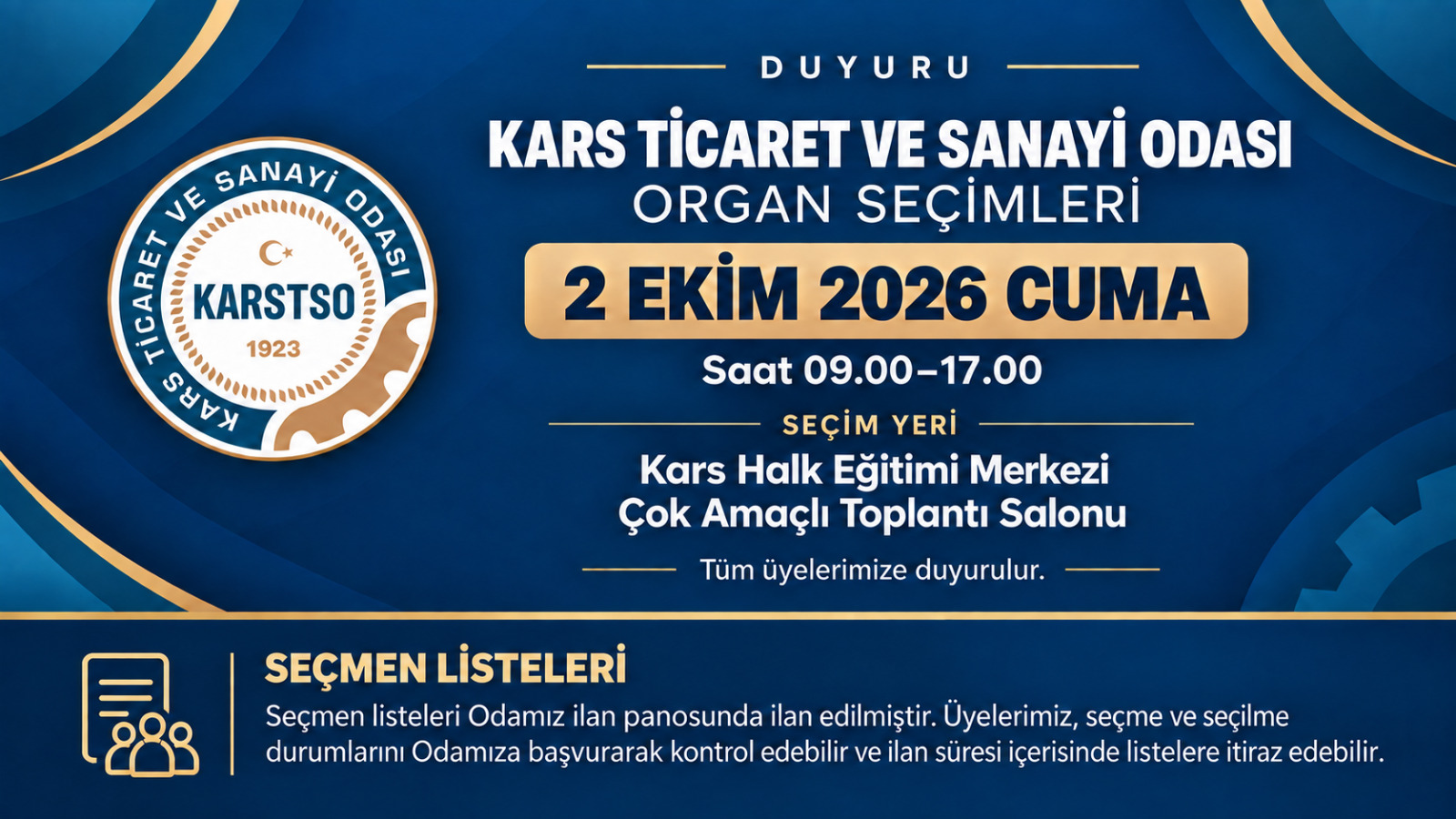 Kars Ticaret ve Sanayi Odası Organ Seçimleri 2 Ekim’de Yapılacak